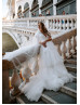 Cap Sleeves Ivory Satin Tulle Tiered Princess Wedding Dress